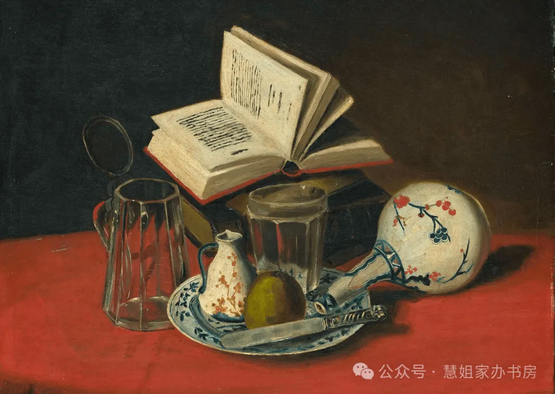 书本、器皿与桌面的静物画，象征专业知识、结构秩序与审慎判断